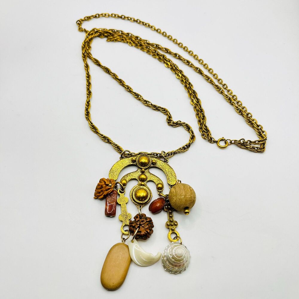 Rare Vintage Coro Pendant Necklace Abalone Driftwood MOP Shell & Coral dangles